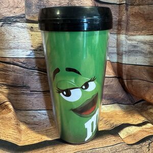 M & M’s Green Travel Tumbler 16 Ounce Coffee Mug Tea Drinking Chocolate Candy